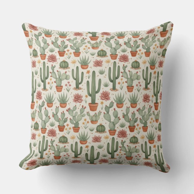 Desert Cacti Succulent Seamless Pattern Cushion (Front)