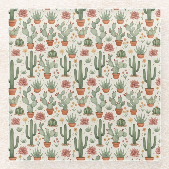 Desert Cacti Succulent Seamless Pattern Glass Coaster (Front)