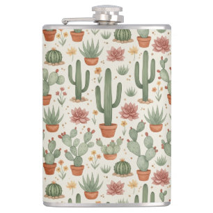 Desert Cacti Succulent Seamless Pattern Hip Flask
