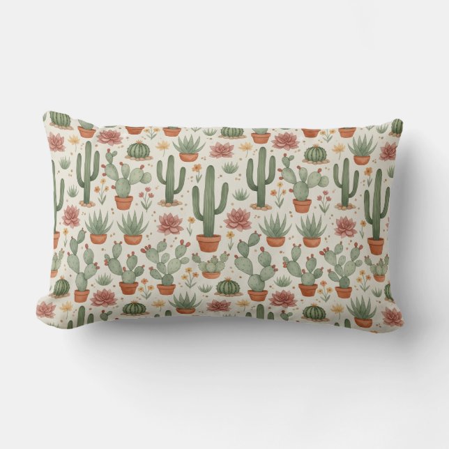 Desert Cacti Succulent Seamless Pattern Lumbar Cushion (Front)