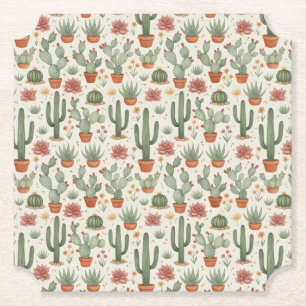 Desert Cacti Succulent Seamless Pattern Paper Coaster