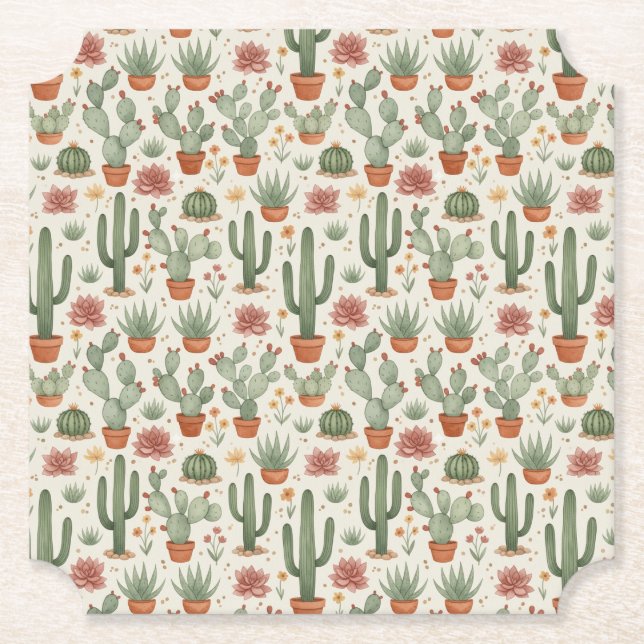 Desert Cacti Succulent Seamless Pattern Paper Coaster (Front)
