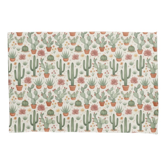 Desert Cacti Succulent Seamless Pattern Pillowcase (Front)