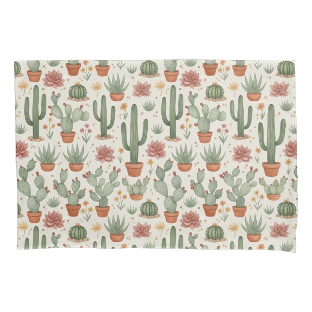 Desert Cacti Succulent Seamless Pattern Pillowcase (Front-Left)