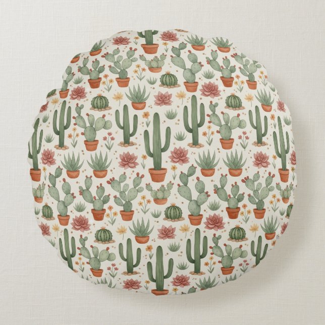 Desert Cacti Succulent Seamless Pattern Round Cushion (Front)
