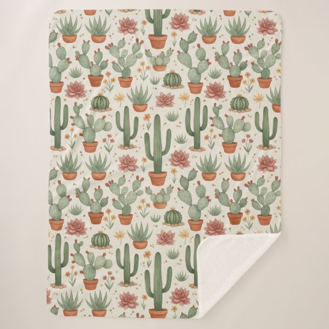 Desert Cacti Succulent Seamless Pattern Sherpa Blanket (Front)