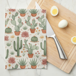 Desert Cacti Succulent Seamless Pattern Tea Towel