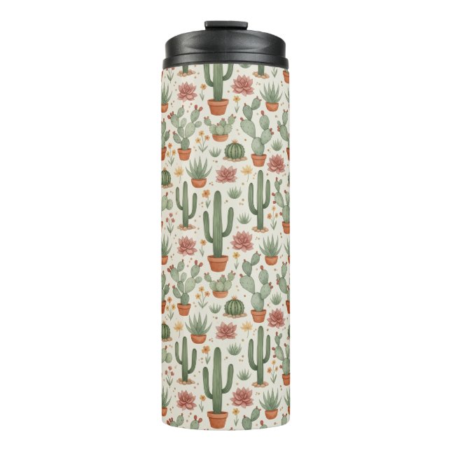 Desert Cacti Succulent Seamless Pattern Thermal Tumbler (Front)