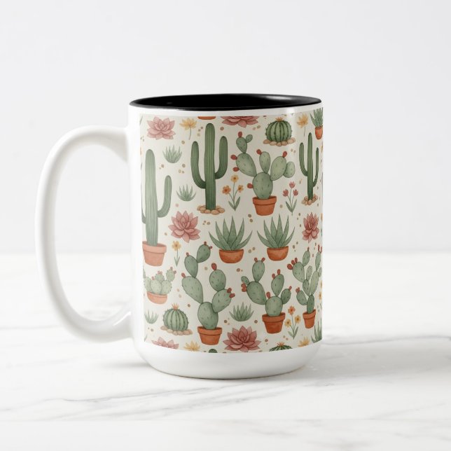 Desert Cacti Succulent Seamless Pattern Two-Tone Coffee Mug (Left)