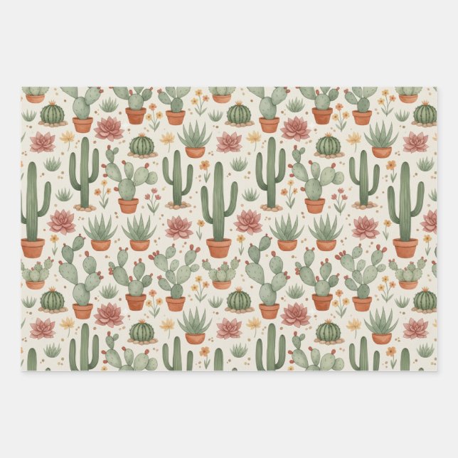 Desert Cacti Succulent Seamless Pattern Wrapping Paper Sheet (Front 2)