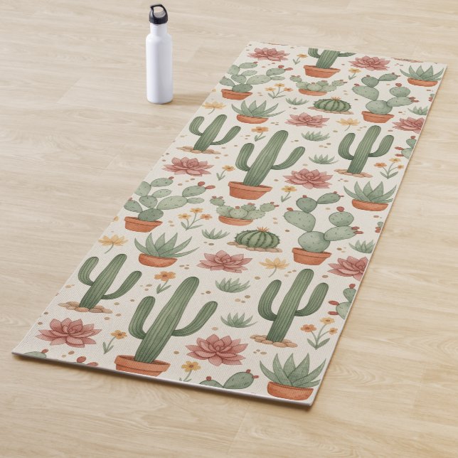 Desert Cacti Succulent Seamless Pattern Yoga Mat (In Situ)