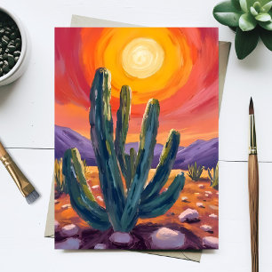 Desert Cacti Sunset Nature Landscape Painting Postcard