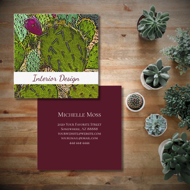 Desert Cactus Abstract Succulent Interior Designer Square Business Card (Creator Uploaded)
