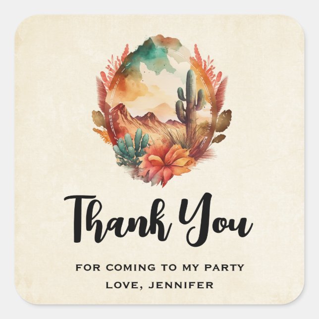Desert Cactus and Mountain Party Thank You Square Sticker (Front)
