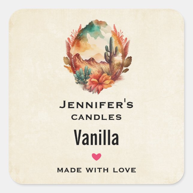 Desert Cactus and Mountains Candle Business Square Sticker (Front)