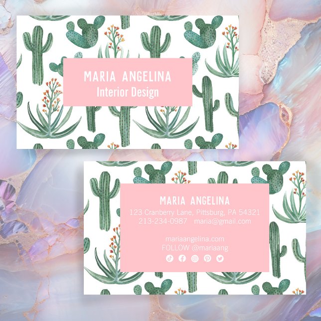 Desert Cactus and Succulents Watercolor Design  Business Card (Desert Cactus and Succulents Watercolor Design Standard Business Card Pink feminine Social Icons
)