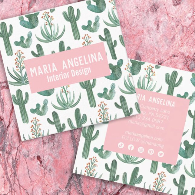 Desert Cactus and Succulents Watercolor Design  Square Business Card (Creator Uploaded)