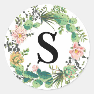 Desert Cactus Bloom Monogram Classic Round Sticker