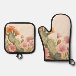 Desert Cactus Bloom Orange Pink Wildflowers Oven Mitt & Pot Holder Set