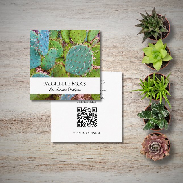 Desert Cactus Botanical QR code Landscape Design Square Business Card (Creator Uploaded)
