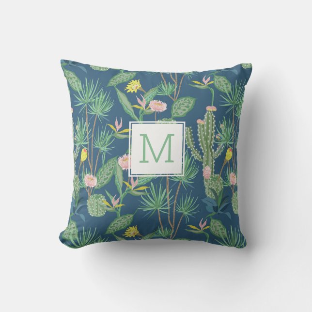 Desert Cactus, Flowers, Palm Trees Monogram Custom Cushion (Front)