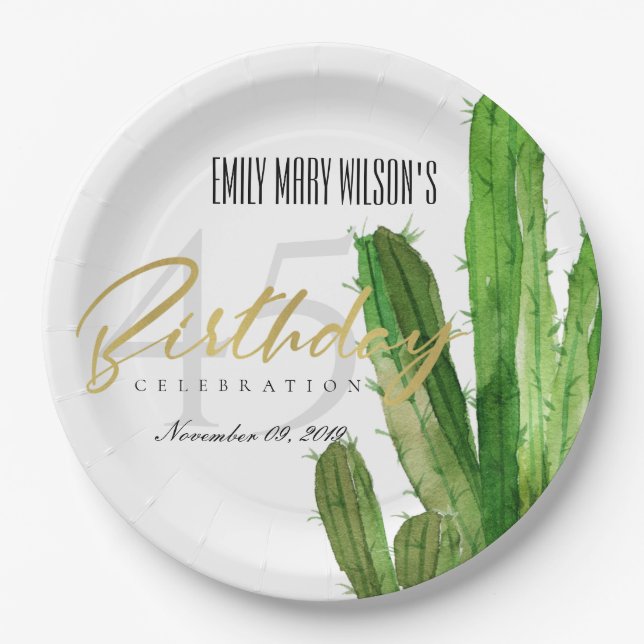 DESERT CACTUS FOLIAGE WATERCOLOR BIRTHDAY PARTY PAPER PLATE (Front)