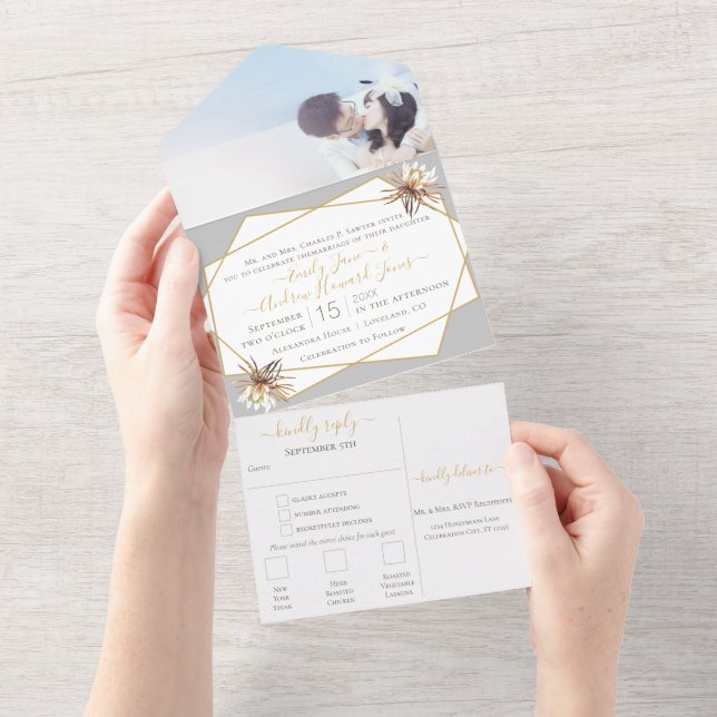 Desert Cactus Geometric Gold Frame Wedding All In One Invitation (Tearaway)