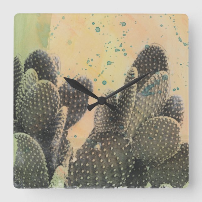 Desert Cactus | Green Splatter Square Wall Clock (Front)
