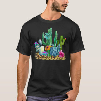 Desert Cactus Leopard Print Watercolour Boho T-Shirt