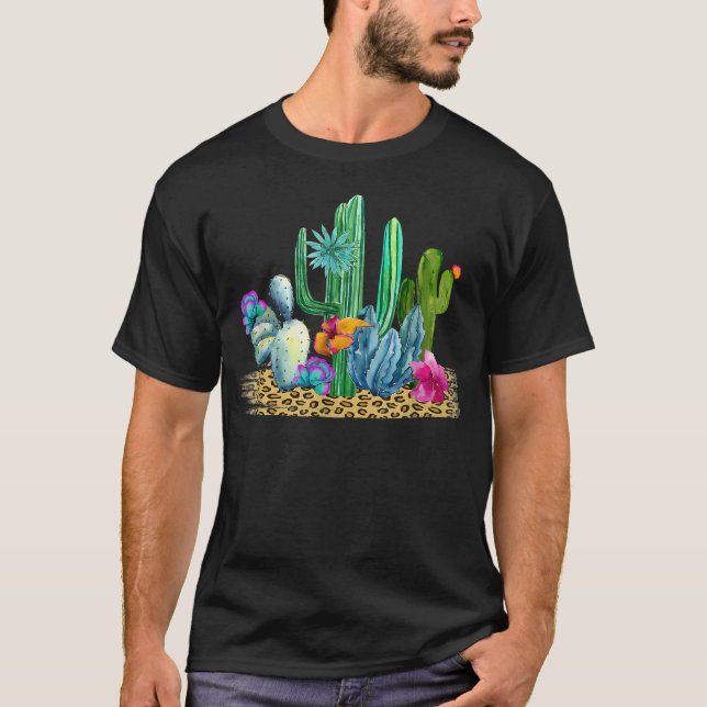 Desert Cactus Leopard Print Watercolour Boho T-Shirt (Front)