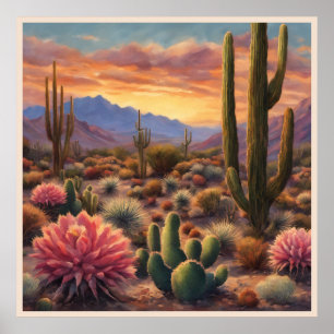 Desert Cactus Mountain Sunrise Dramatic Statement  Poster