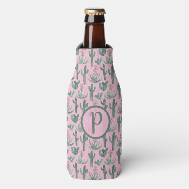 Desert Cactus Pattern Watercolor CUSTOM Initials Bottle Cooler (Bottle Front)