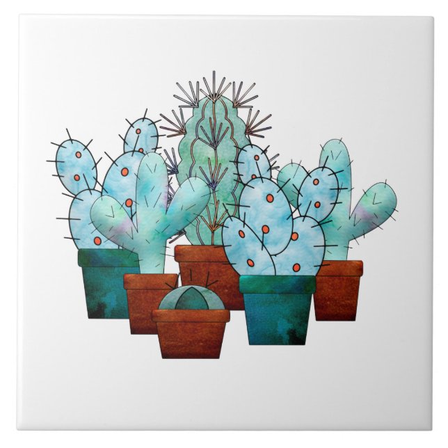 Desert Cactus Plant Watercolor Ceramic Tile (Front)