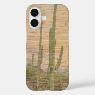 Desert Cactus Plants On Wood Grain Photo Image iPhone 16 Case