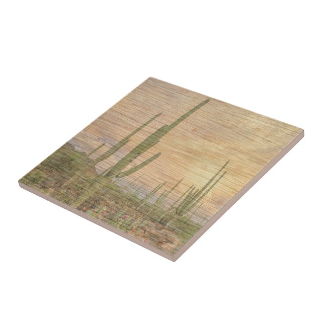 Desert Cactus Plants On Wood Grain Photo Image Ceramic Tile (Side)
