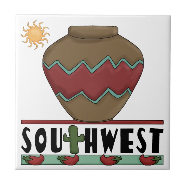 Desert Cactus, Red Chilis, Pottery - Southwest Ceramic Tile (Front)