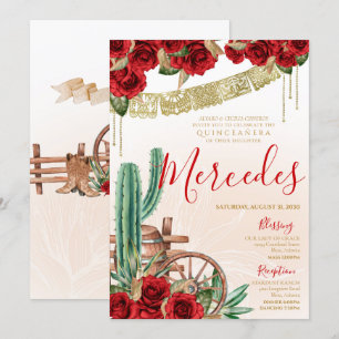 Desert Cactus Red Rose Western Charro Quinceanera Invitation