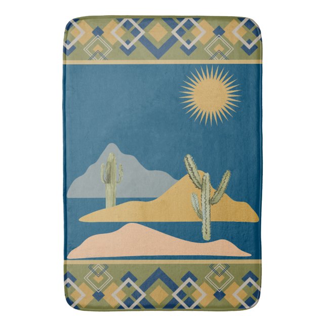 Desert Cactus Scene and Geometric Trim Bath Mat (Front Vertical)