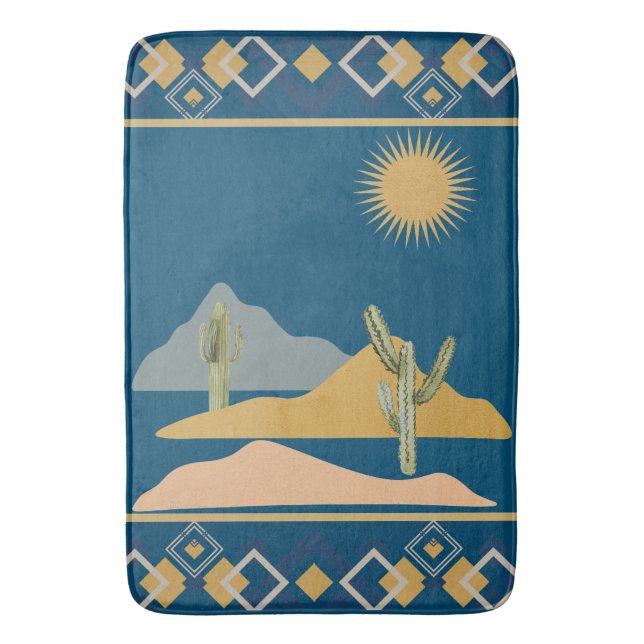 Desert Cactus Scene and Geometric Trim Bath Mat (Front Vertical)