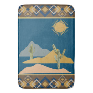 Desert Cactus Scene and Geometric Trim Bath Mat