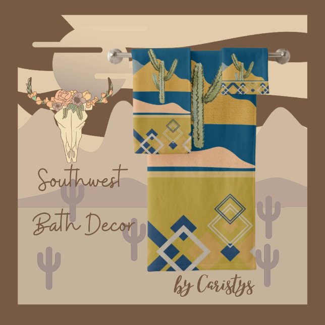 Desert Cactus Scene and Geometric Trim Bath Towel Set (Southwest Bath Decor. 
Available in Golden Rod, Olive, Rust, Navy, Smokey Teal, Clay, Brown)