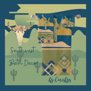Desert Cactus Scene and Geometric Trim Bath Towel Set
