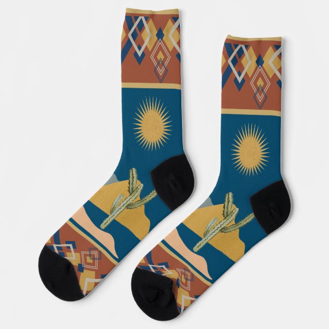Desert Cactus Scene and Geometric Trim Socks (Left)