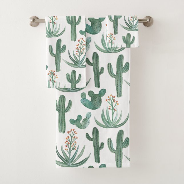 Desert Cactus Succulent Watercolor Pattern Bath Towel Set (Insitu)