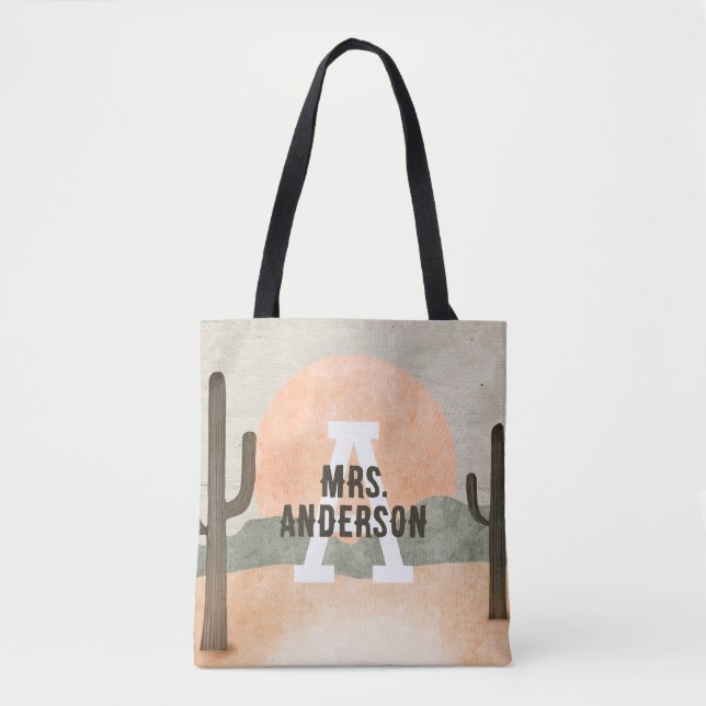 Desert Cactus Sun Personalised Initial Last Name  Tote Bag (Front)