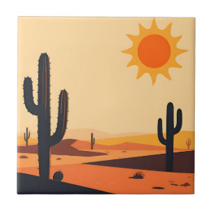 Desert Cactus Sunset Silhouette Ceramic Tile