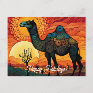 Desert Camel at Sunset Colourful Happy Holidays Postcard