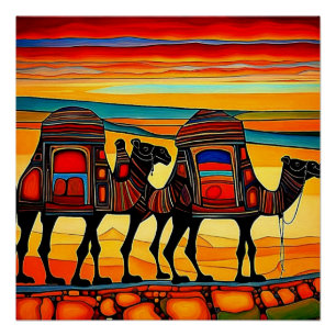Desert Camel caravan at sunset 5 Poster