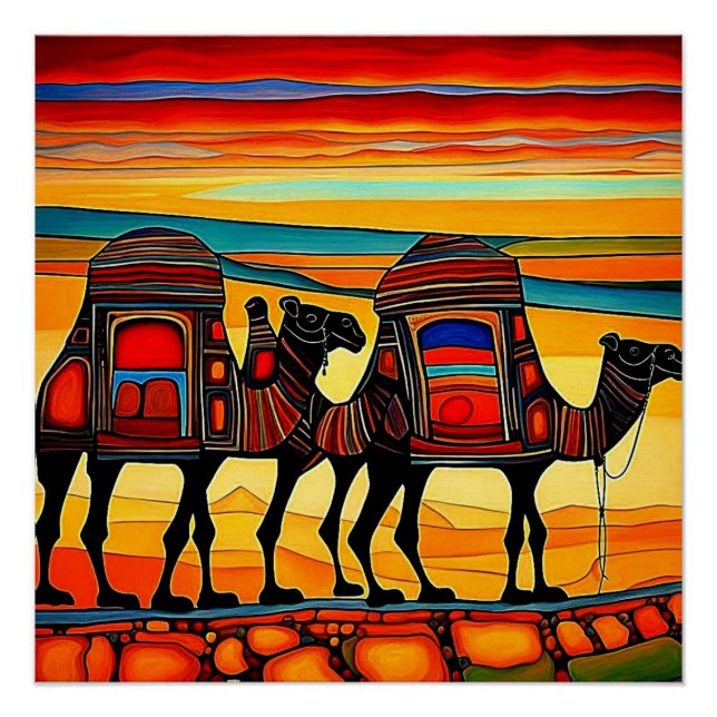 Desert Camel caravan at sunset 5 Poster (Front)