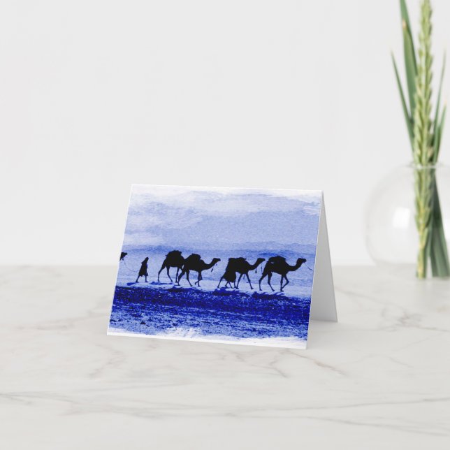Desert Camel Caravan Blue Note Card (Front)